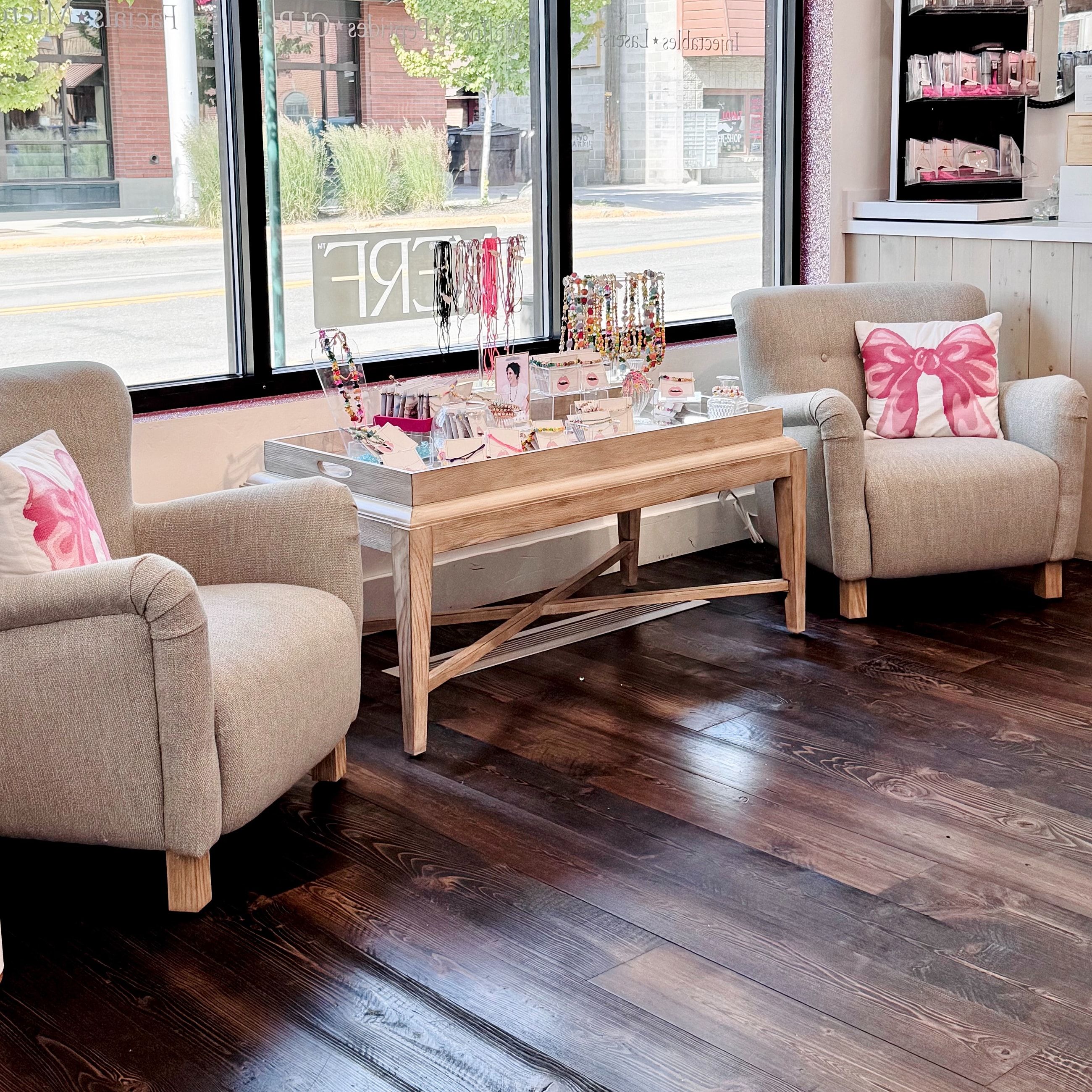 Cozy seating area with wooden coffee table.