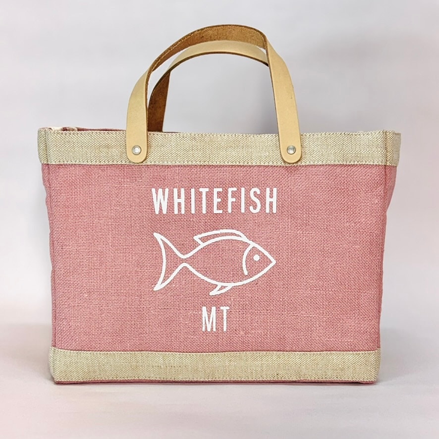 Pink tote bag with Whitefish MT design