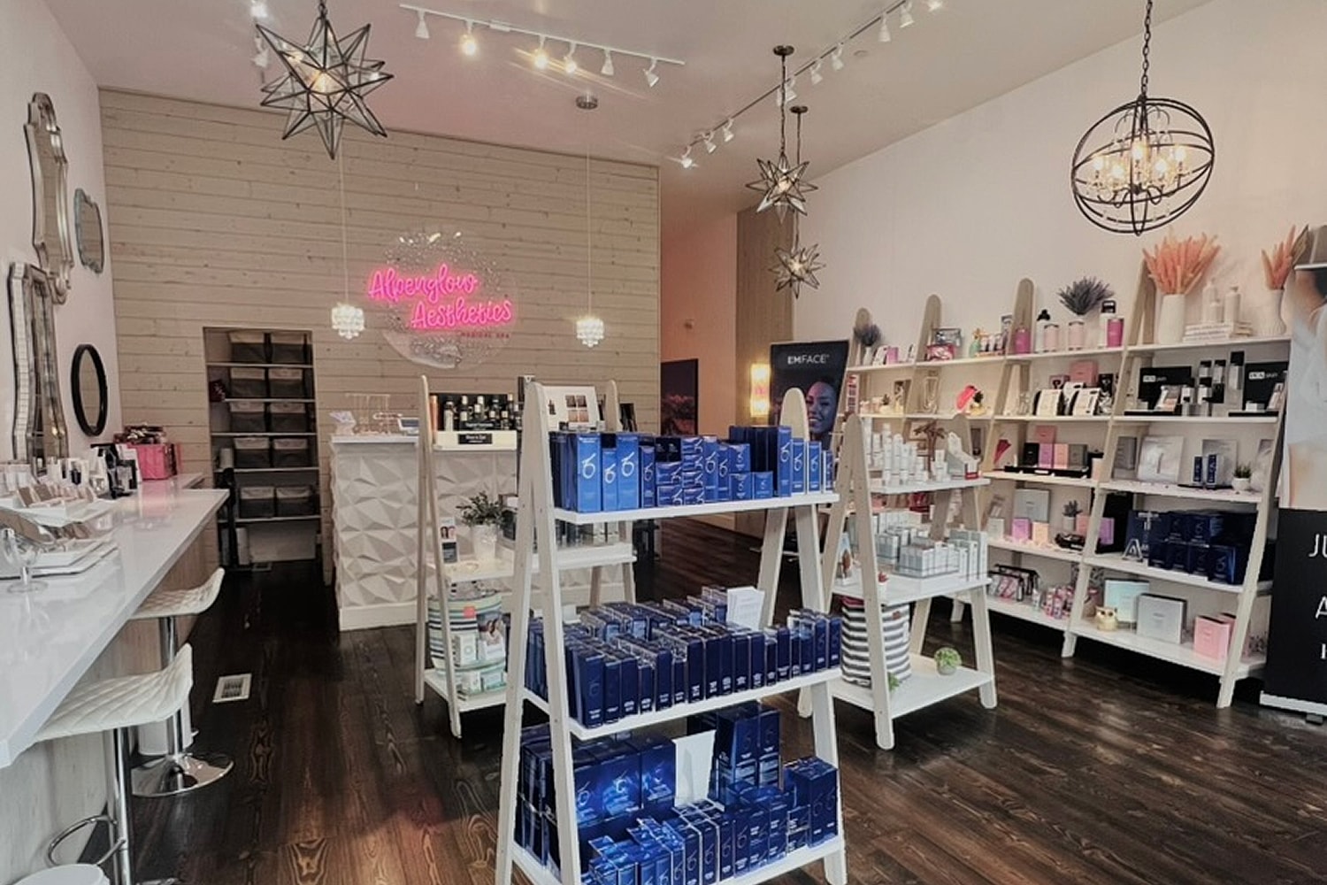 Aesthetic store showcasing skincare products and decor.