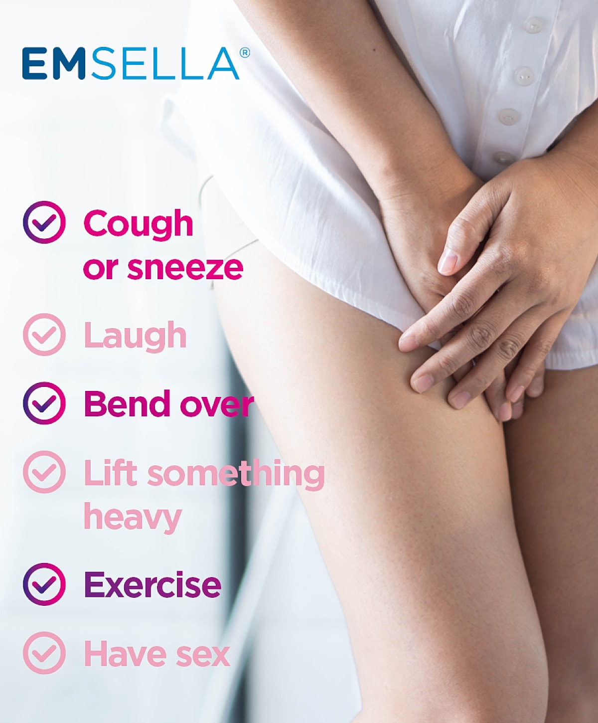 EMSELLA benefits for pelvic floor strength infographic with model.