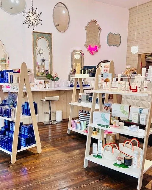 Skincare and beauty products displayed in a store.