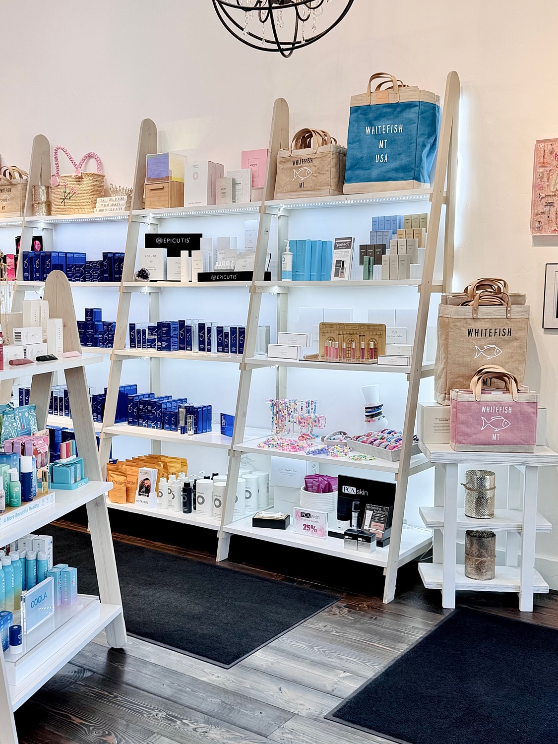 Cosmetics and skincare products displayed in a shop.