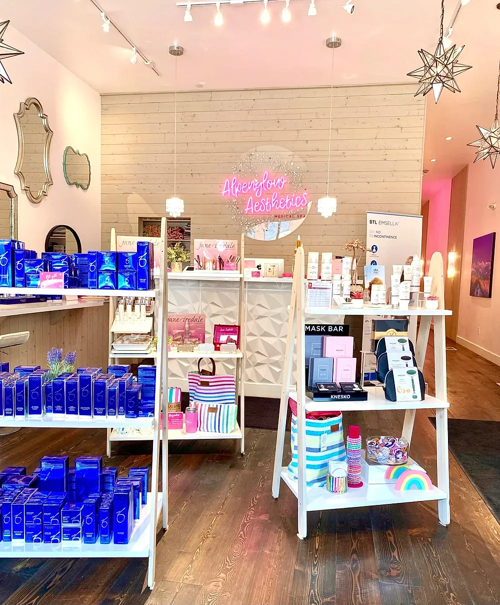 Aesthetic shop interior with skincare products displayed.