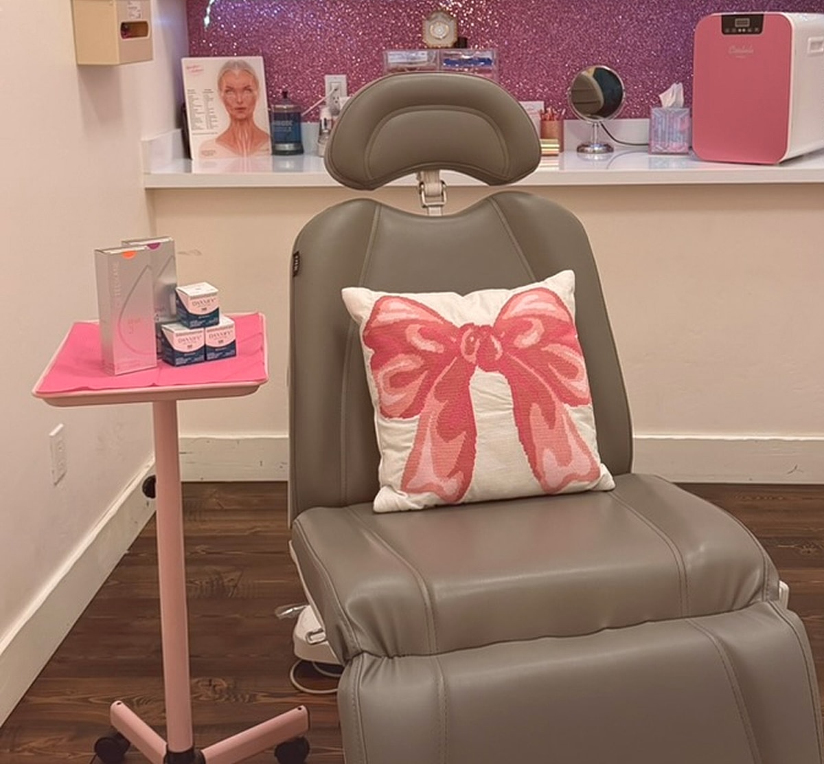 Cosmetic treatment chair with products nearby.