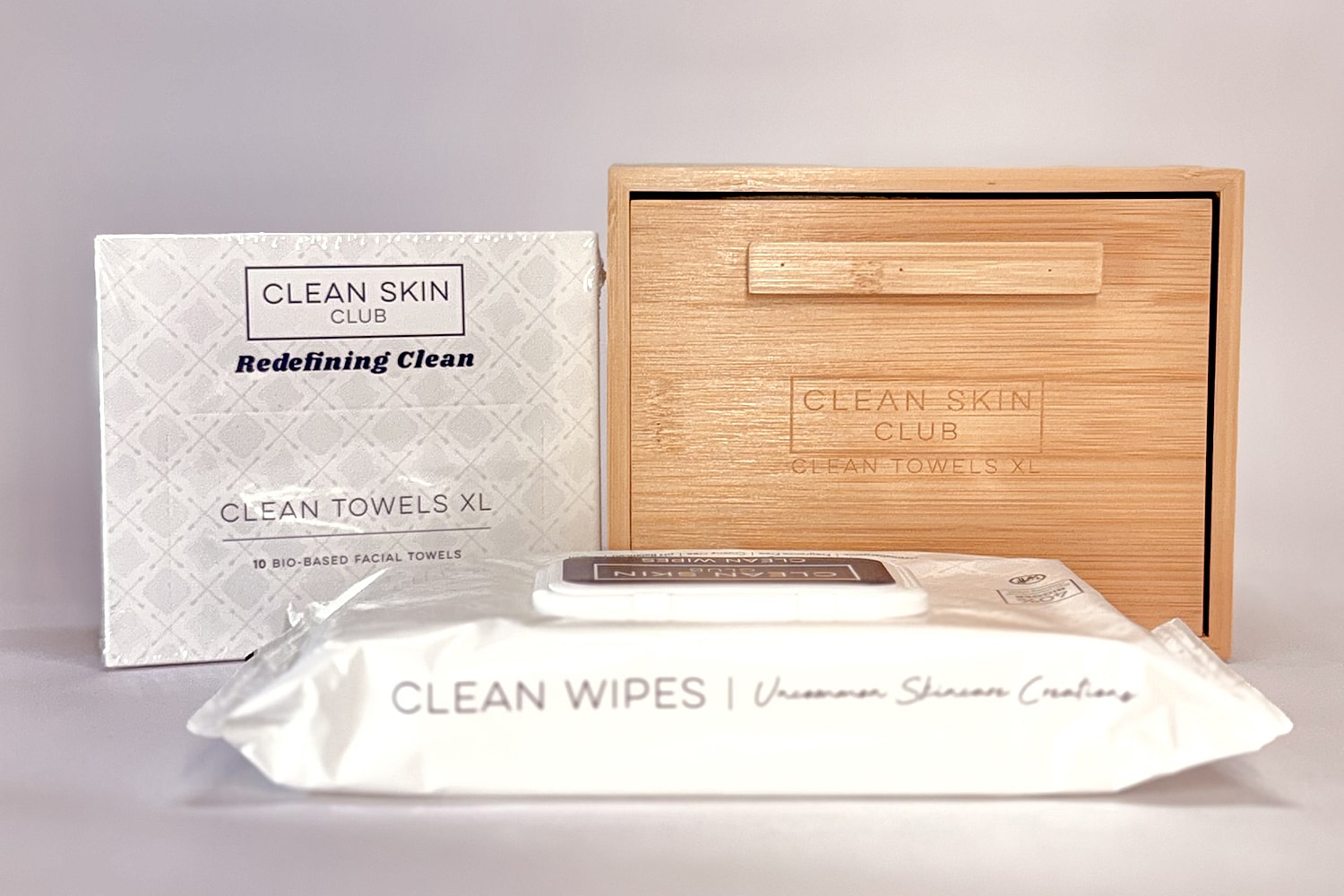 Clean Skin Club facial towels and wipes packaging.