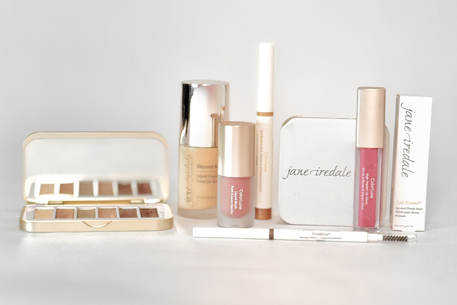 Assorted Jane Iredale makeup products on display.