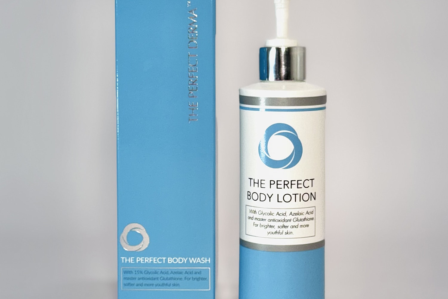 Body lotion packaging with active ingredients listed.