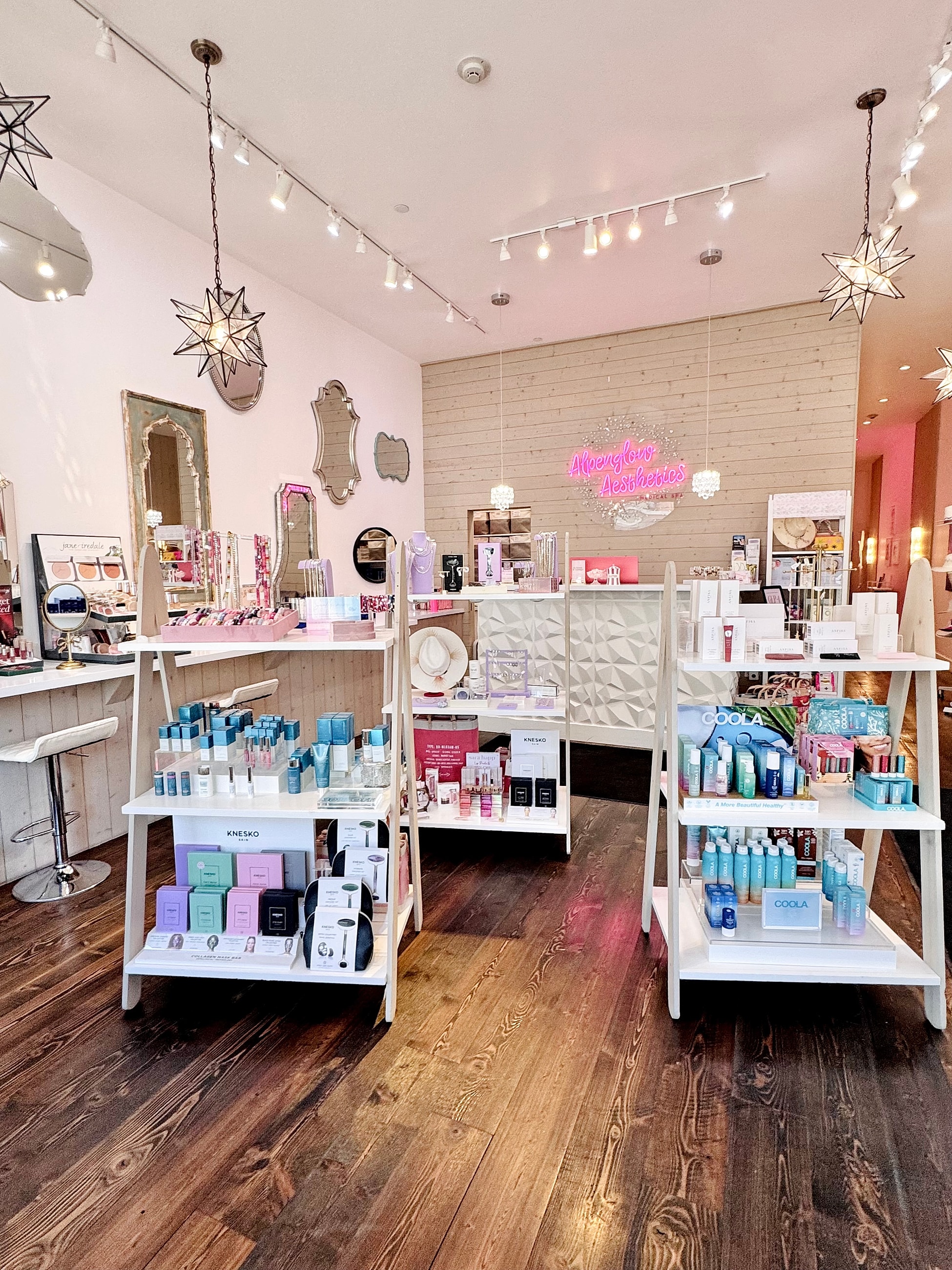 Aesthetic beauty products displayed in boutique store.