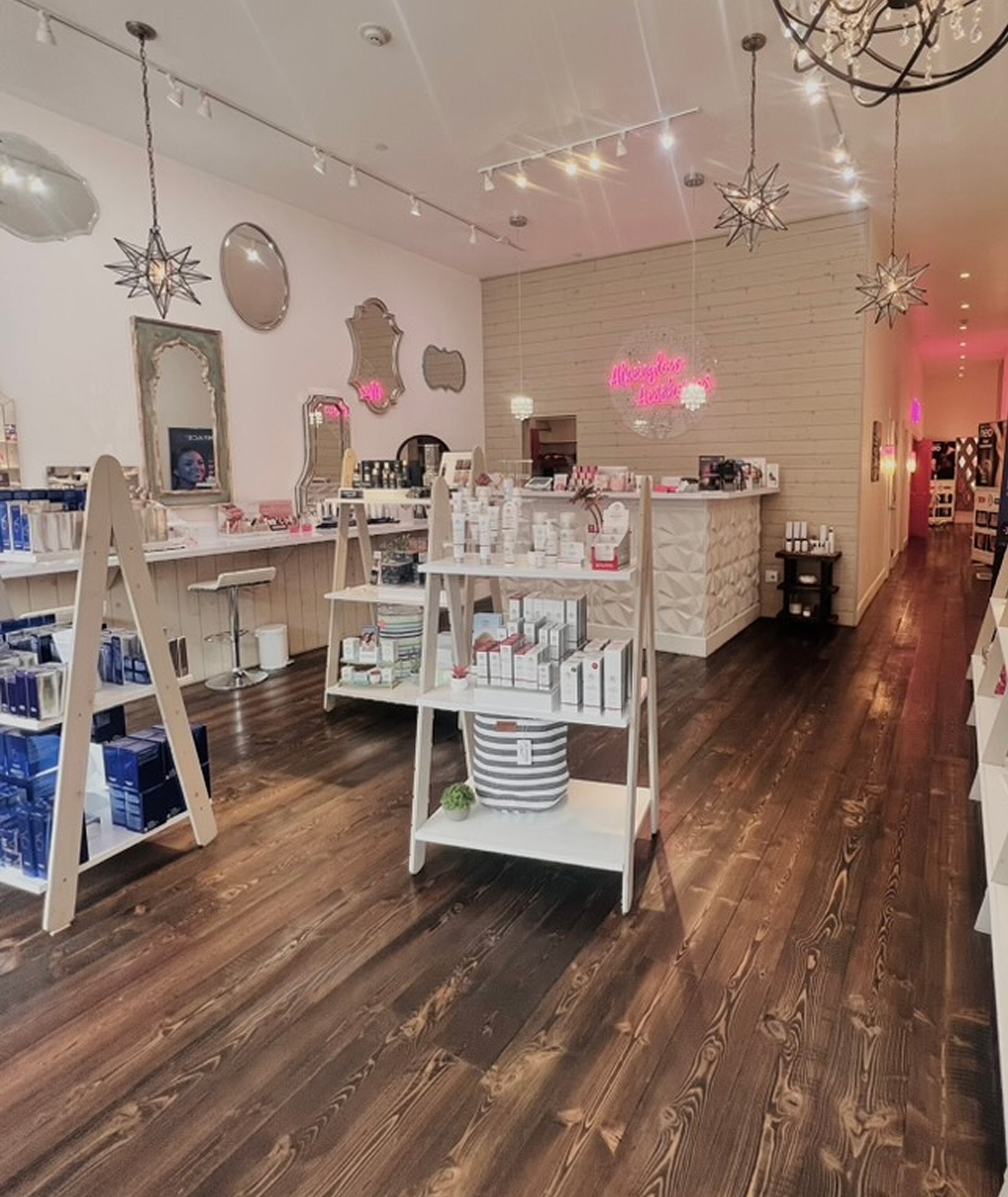 Trendy beauty store interior with products displayed.