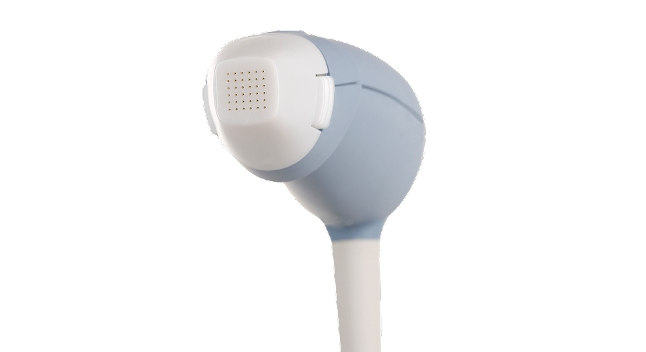 Wireless earbud in light blue color.